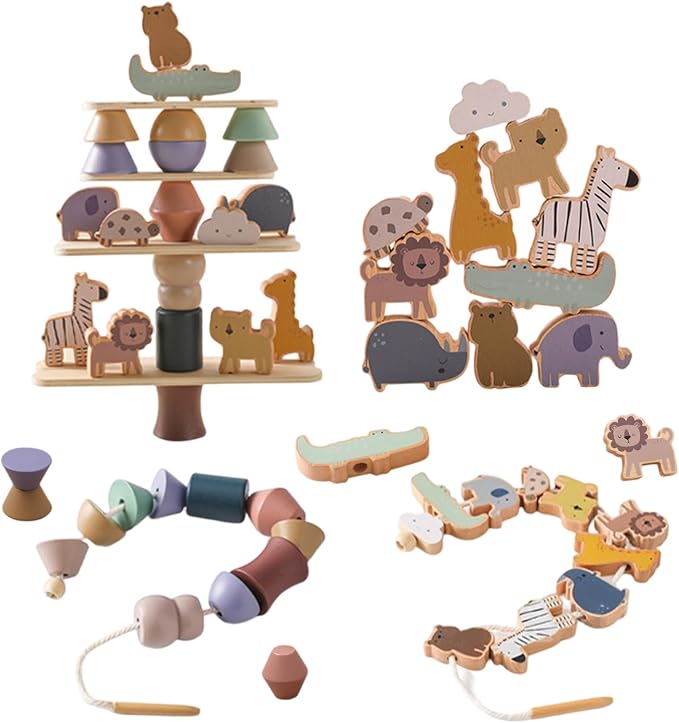 Wooden Animals Threading Toys Lacing Beads for 3+,Stacking Blocks Balance Game,Family Educational Preschool Learning Toy, Preschoolers Montessori Classroom Activities,Ideal Gift for Kids