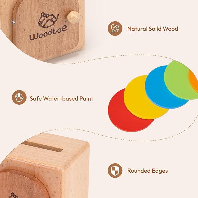 Woodtoe Montessori Coin Box, Object Permanence Toy for Toddlers Ages 1-3 | Color Sorting Game, Educational Sensory Activity, Develops Fine Motor Skills, Early Development Gift for 1+ Year Old Boy Girl