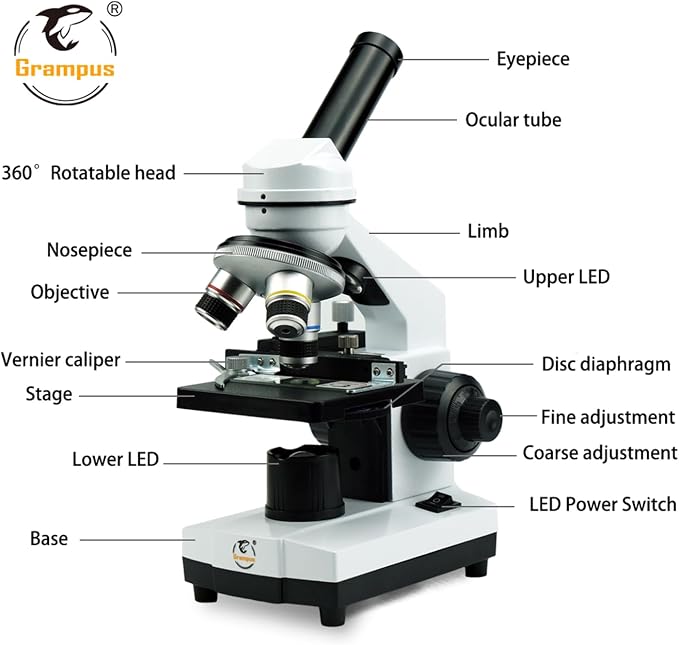 Grampus Achromatic Compound Minocular Microscope 40X-2000X, Dual LED Illumination, 10 Prepared Slides, 100 Cover Slips and Experiment Kit Offered for Kids Students Adults and Children