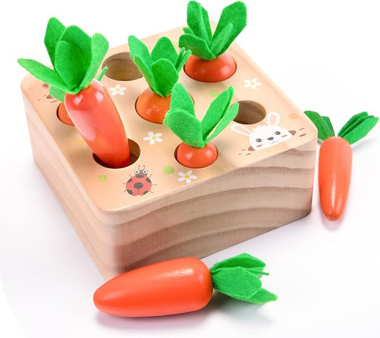 Wooden Montessori Toys for 1 Year Old, Carrots Harvest Shape Sorting Toy | Educational shape sorting matching wooden toys for fine motor skills, Great birthday & Easter gift for 1+ year olds