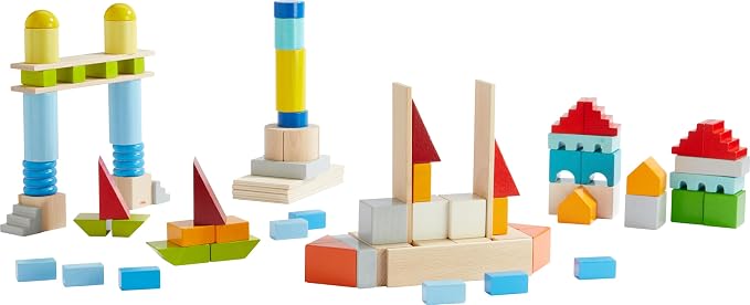 HABA Colored Wooden Building Blocks - Set of 85 Piece Set of Wooden Toys, Stacking Toys for Toddlers 1-3 Ideal Open Ended STEM Play (Made in Germany)