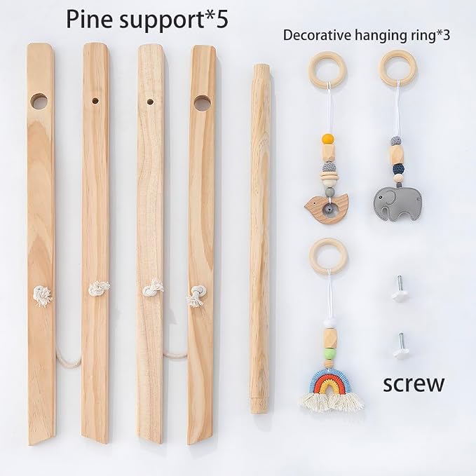 Wooden Baby Play Gym, Foldable Baby Activity Gym Frame with 4 Hanging Sensory Toys, Montessori Newborn Tummy Time Play Gym, Natural Wood Baby Gym for Infant Nursery Decor, Baby Shower Gift | 4 Sensory Hanging Toys, Montessori, Infant Activity Frame, 0-...