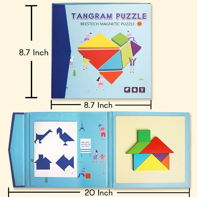 Beestech Wooden Tangram Puzzle Book, Travel Games for Kids in Car, Plane or Take Out for Restaurant, Educational Learning Puzzles Toys, On The Go Toys for Kids, Boys, Girls 3,4,5,6,7,8 Years Old