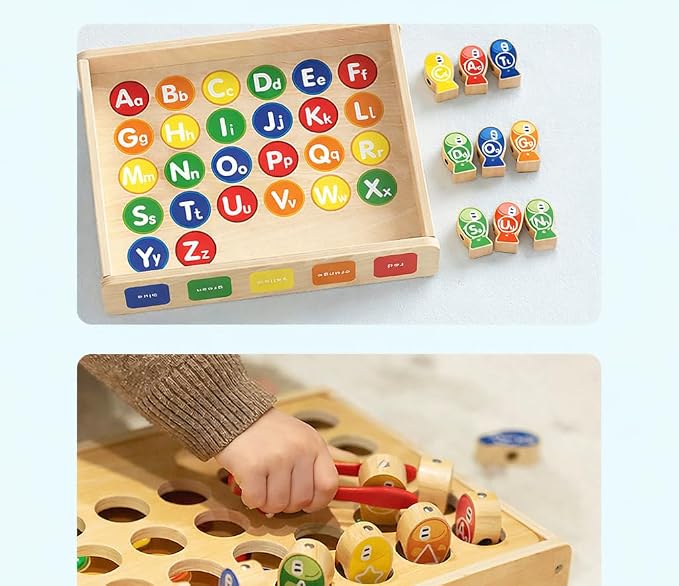 Montessori 6-in-1 Fishing Toys for Toddlers 3+, Wooden Magnetic Fish Game, Educational Preschool Learning Box—Fine Motor Skills, Color & Shape Sorter, Lacing Beads, Alphabet Matching Set for Kids