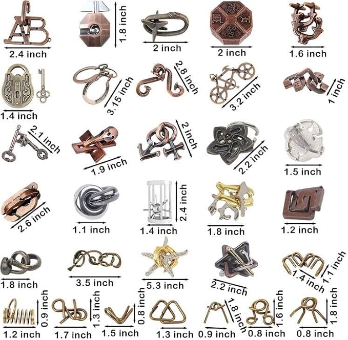 AHYUAN 32Pcs Metal Brain Teaser Puzzles Cast Steel Teasers Puzzle for Kids Teens Magic Puzzles Games Toys IQ Education Smart Logic Test Toy Fidget Toys Party Favors for Kids Adults Challenge