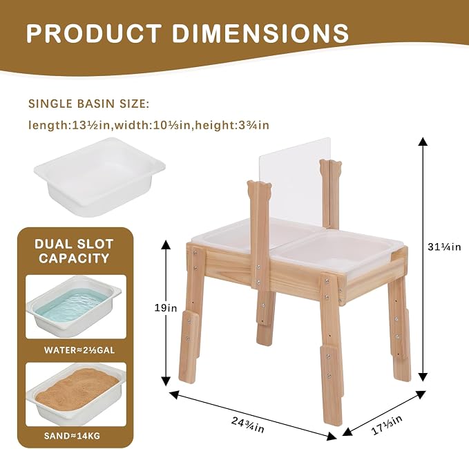 PHOKID Wooden Sensory Play Activity Table,Sand and Water Table for Toddlers,2 Sensory Bins, Acrylic Board & Water Track Toys,Montessori Kids Tables Learning Toy for Age 3+,Orignal Wood Color