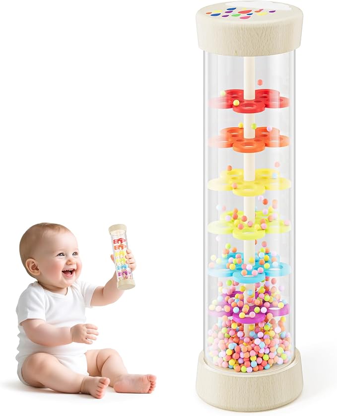 Rain Stick, Montessori Baby Toys for 6-12 Months 1 Year Old, Wooden Rainmaker Baby Rattle Sensory Toys, 7.7” Musical Developmental Toy - Infant Newborn Toddler Toys Gifts for Easter Basket Stuffers