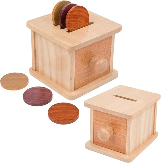 Adena Montessori Wooden Double-Sided Coin Box Object Permanence 6-12 Months | Solid wood, smooth edges. Two play modes, 6 coins. Builds grip, focus, fine motor. For 6-12 month infants. Gift.