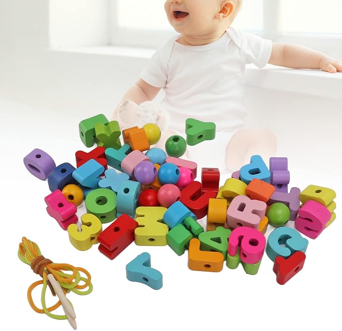 Wooden Rainbow Threading Letters Numbers Toy, 51Pcs Alphabet Lacing Beads for Kids Stringing Teachers Motor Skills Multi Color craftwood