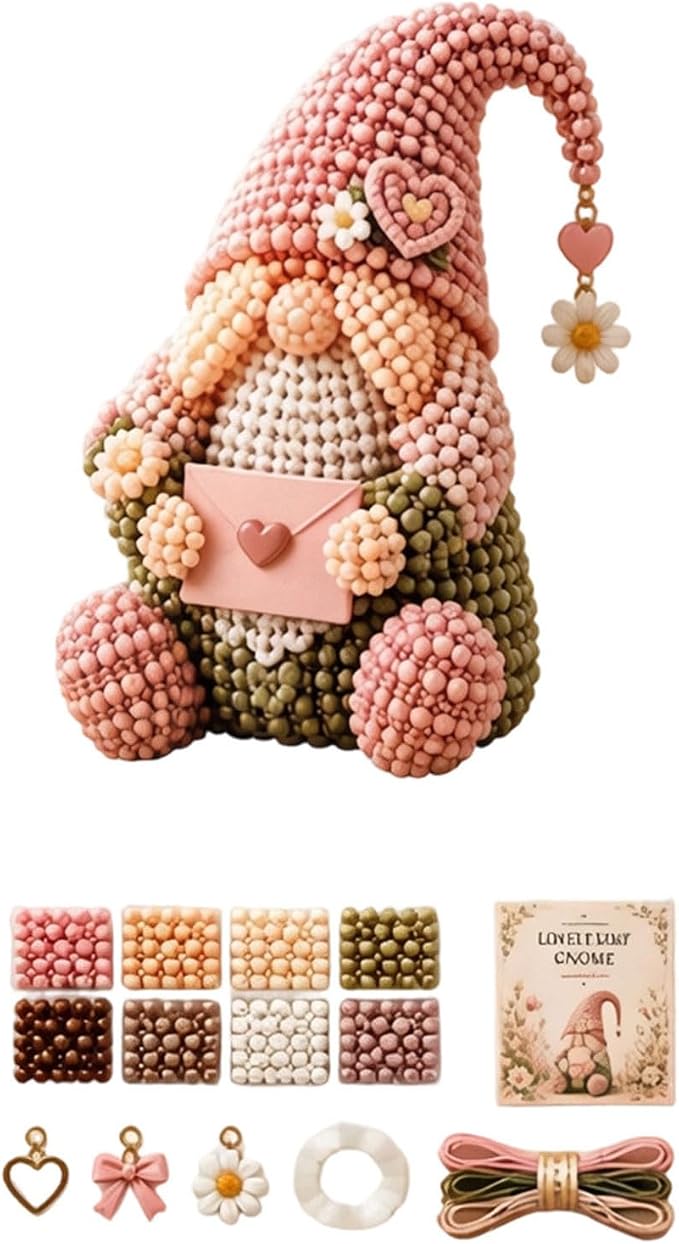 3D Beaded Gnome Craft Kit, 7.1in Non Slip Stable Structure Bead Threading Project Box, Handmade Gnome DIY Toy Set with Charms for Kids Ages 6 Plus Adults