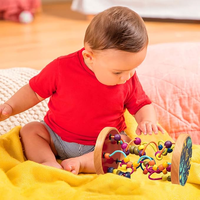B. toys Loopty Loo Bead Maze Wooden Rolling Toy, 47 Beads, 5 Routes | Classic wooden wire maze with 47 beads on 5 routes for grasping, sliding, flipping, and rolling play, Wood Toys, 18+ Months