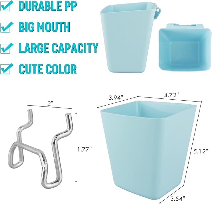 Large Pegboard Cups, 6Pack Peg Board Square Storage Bins With Hooks (Blue) | Big Open-Mouth Cups, 1/8" 1/4" Pegboard Organizer Accessories, Cup Holder for Craft Garage Workbench Office Tools Supplies