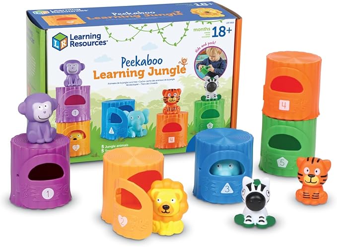 Learning Resources Peekaboo Learning Jungle Toddler - 10 Pieces, Ages 18 Months +, Toddler Montessori Toys, Stacking Shape, Sorting and Matching Skill, Educational Games