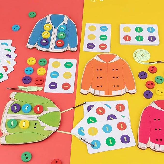 Menolana Kids Wooden Threading Lacing Clothes Sew on Button Game Toys for Age 3-6