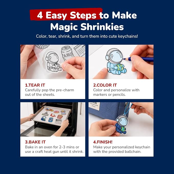 Shrink Art Keychain Kit for Kids - 40 Pre Cut USA Charms to Color & Bake | Kids color 40 pre-cut USA shrink plastic charms, bake & shrink them into keychains & bag tags - 10 colored pencils included