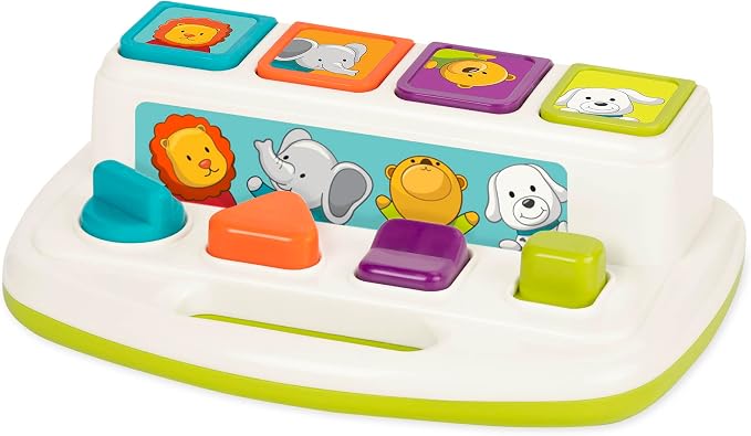 Battat Pop-Up Toy, Pop-Up Pals Cause-and-Effect Animal Toy, Toddler, 4 Pals | 4 animal pals pop up with turn, press, flip, and slide actions; colors, shapes, carry handle, Toddler, 4 Pals; 18+ Months