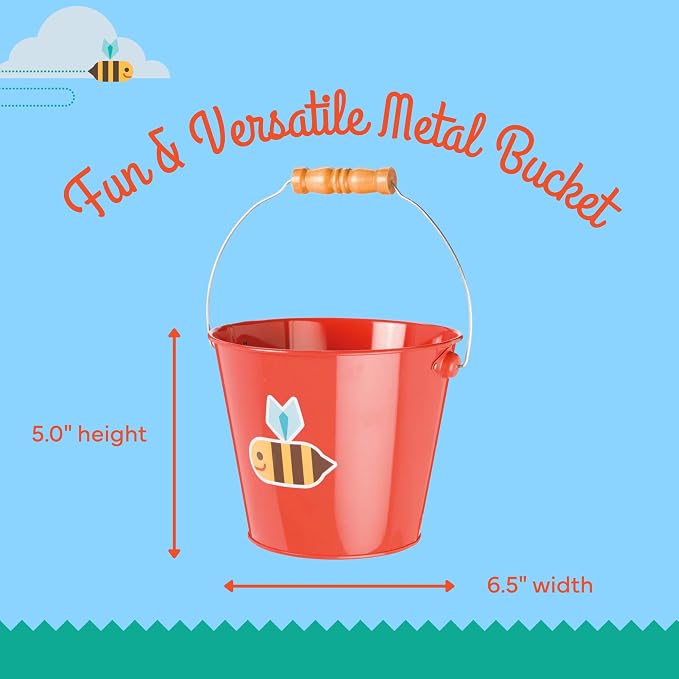 Toysmith Kids Gardening & Beach Bucket – 5″ Metal Pail with Grippable Handle | Assorted Bee & Beetle Colors | Durable Steel for Outdoor Play - 1 Count