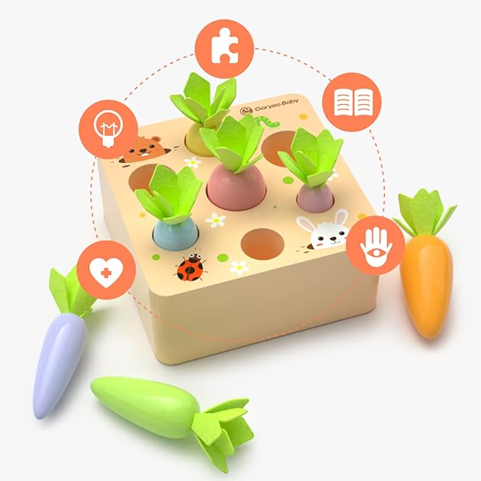 Montessori Toys for 2 3 Year Old Toddlers | Wooden Carrot Harvest Game | Kids Learning Educational Shape Sorting Toy for Toddler Boys and Girls, 18 Months Birthday Easter Gifts for Babies