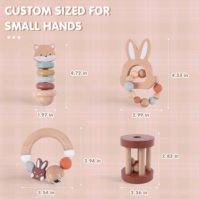 Freniland Wooden Baby Toy Set, Montessori Grasping Toys for Infants 10M+, Bunny & Bear Themed Natural Wood Sensory Toys, Fine Motor Skill Development Gift for Boys & Girls