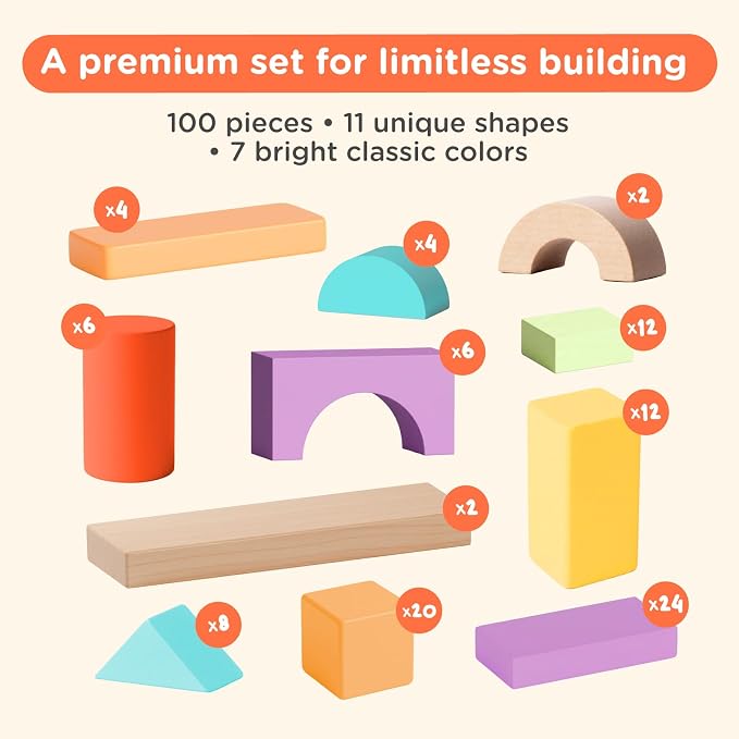 Nene Toys 100-Piece Wooden Building Blocks for Toddlers 1-3 - Bright Colorful Montessori Stacking & Sorting Toy - 11 Shapes, Vibrant Colors - FSC-Certified Wood Gift for Boys & Girls 1-4