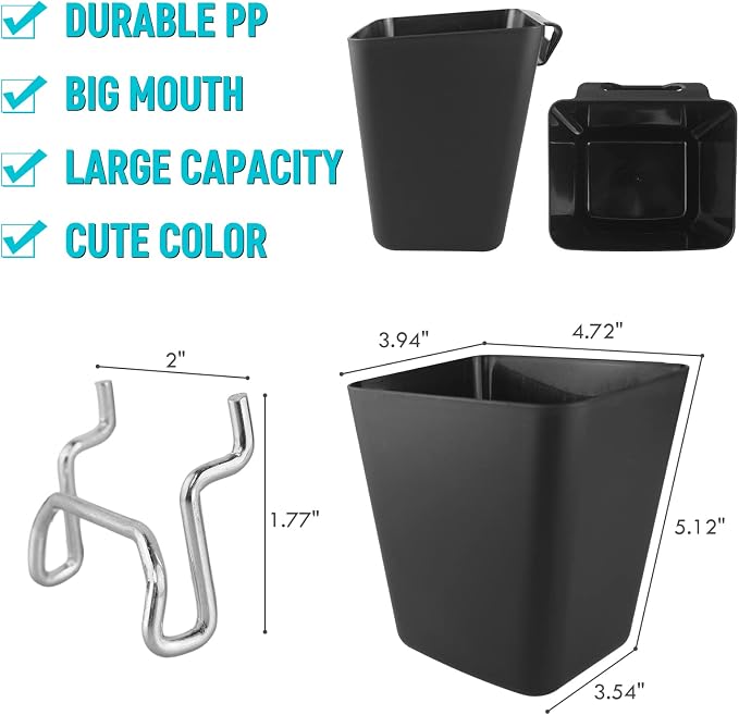 Large Pegboard Cups, 6Pack Peg Board Square Storage Bins With Hooks (Black) | Big Open-Mouth Cups, 1/8" 1/4" Pegboard Organizer Accessories, Cup Holder for Craft Garage Workbench Office Tools Supplies