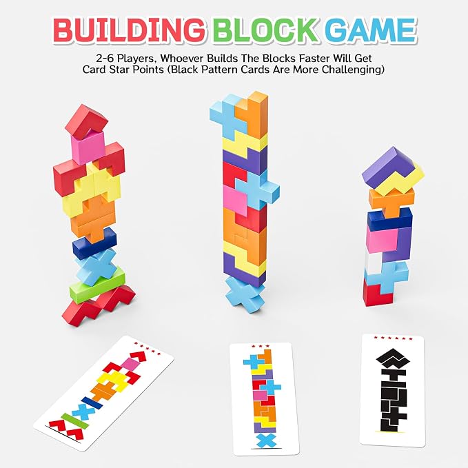 Wooden Block Stacking Games 120Pcs, 1-6 Players, Ages 4+ | 4 More Ways to Play Fast-Paced Building Block Game for Party Game Night, Classroom Challenging Board Games for kids (Blue)