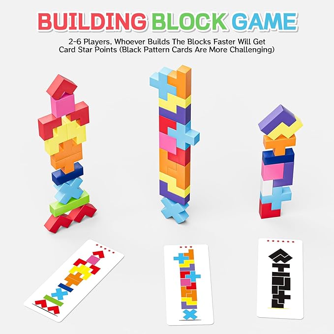 Wooden Block Stacking Games 120Pcs, 1-6 Players, Ages 4+ | 4 More Ways Play Fast-Paced Building Block Game for Party Game Night, Classroom Challenging Board Games for kids