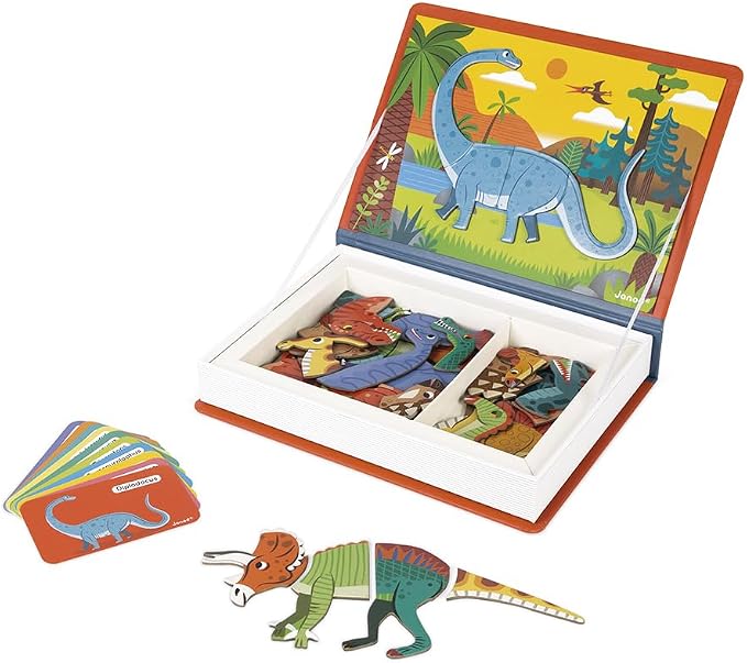 Janod - Magnetibook - Magnetic Dinosaur Mix and Match Game - 51 Magnets | Enhances Fine Motor Skills - Book Shaped Travel Storage Case - Perfect for Kids Ages 3 and Up - Fun Educational Toy
