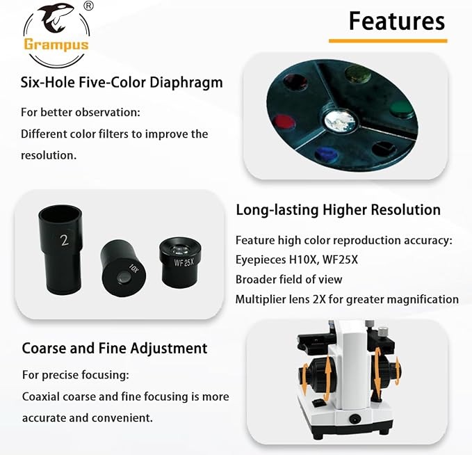 Grampus Achromatic Compound Minocular Microscope 40X-2000X, Dual LED Illumination, 10 Prepared Slides, 100 Cover Slips and Experiment Kit Offered for Kids Students Adults and Children