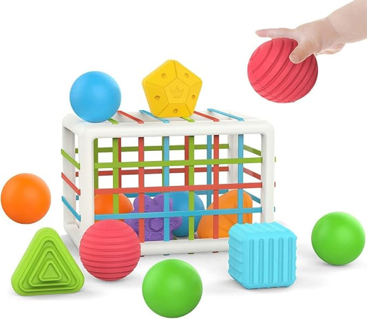 MINGKIDS Montessori Toys for 1 Year Old, Cube & 6 Sensory Shape Blocks&6 Colors Ball Pit Balls,Baby Sensory Fine Motor Skills Developmental Toys,Gifts for 12 18 Month Age 1 2