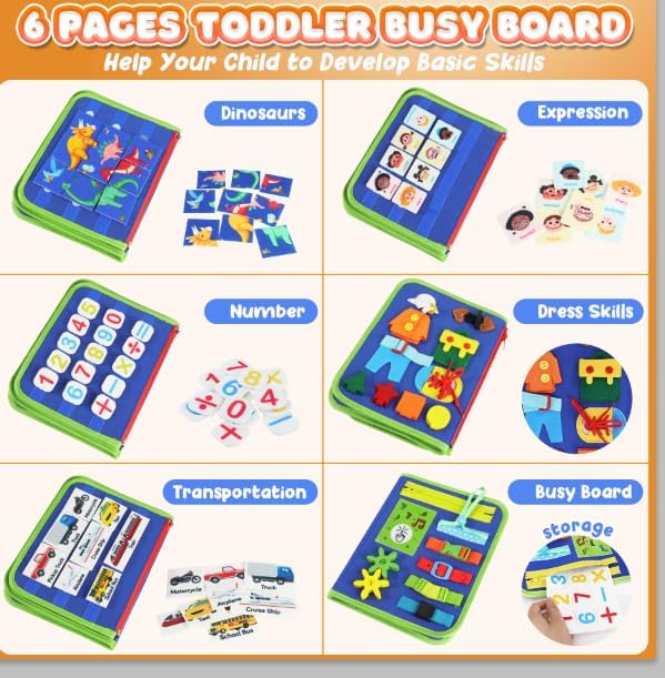 Toddler Busy Board - Busy Book Montessori Toys Ages 3+, Fine Motor Skills | Preschool Learning Activities with Alphabet Number Animal, Educational Travel Toys Birthday Gifts for Kids
