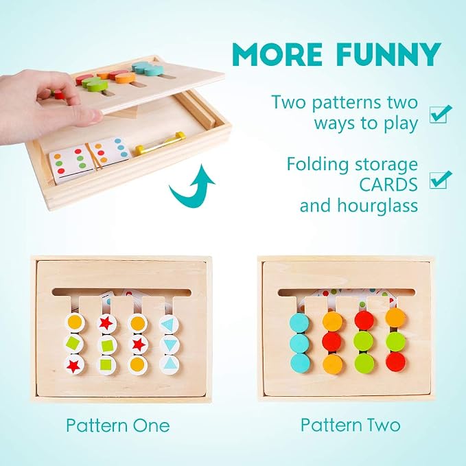Montessori Learning Toys Slide Puzzle Color and Shape Matching Logic Puzzles for Kids, Preschool Educational Wooden Brain Teasers Toy for Child Kids Age 3 4 5 6 7