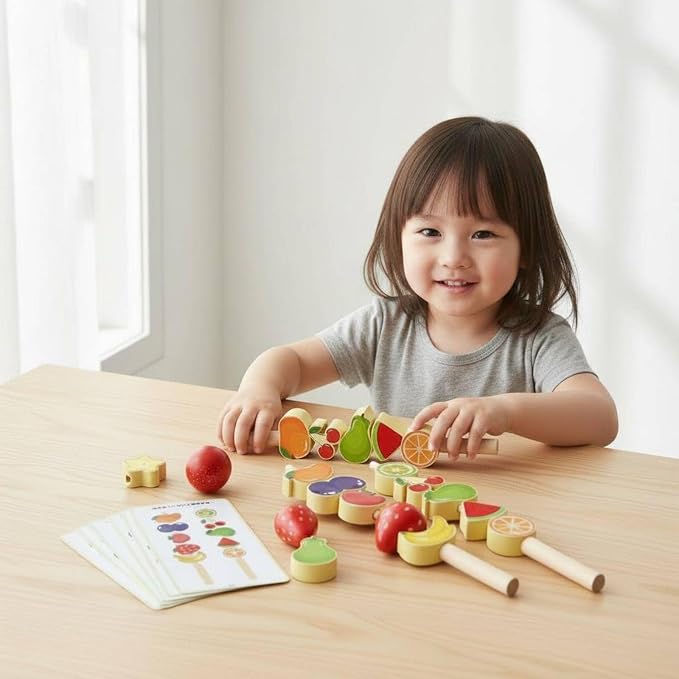 Children Cognitive Game Educational Toy Fruit Skewer Threading Game Stacking Blocks Lacing Beads Wooden Material for Early Learning Fine Motor Skills, Seafood Skewers