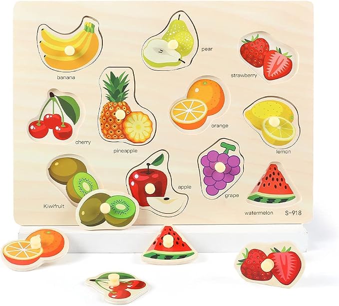 GRINNNIE Wooden Peg Puzzle for Toddlers 3 4 5 Years Old, 4 PCS Montessori Educational Learning Puzzles Set-Numbers, Letters, Animals and Fruits, Great Preschool Gifts for Girls and Boys