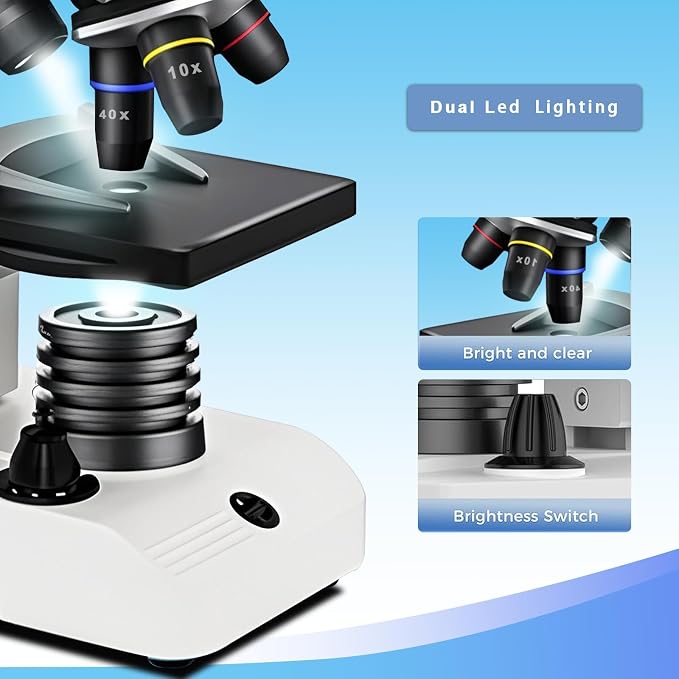 M2 Dual Power Supply Compound Monocular Microscope 40X-2000X for Adults & Students All-Metal STEM Lab Kit with Glass Optics, Dual LED, Slides & Carry Case