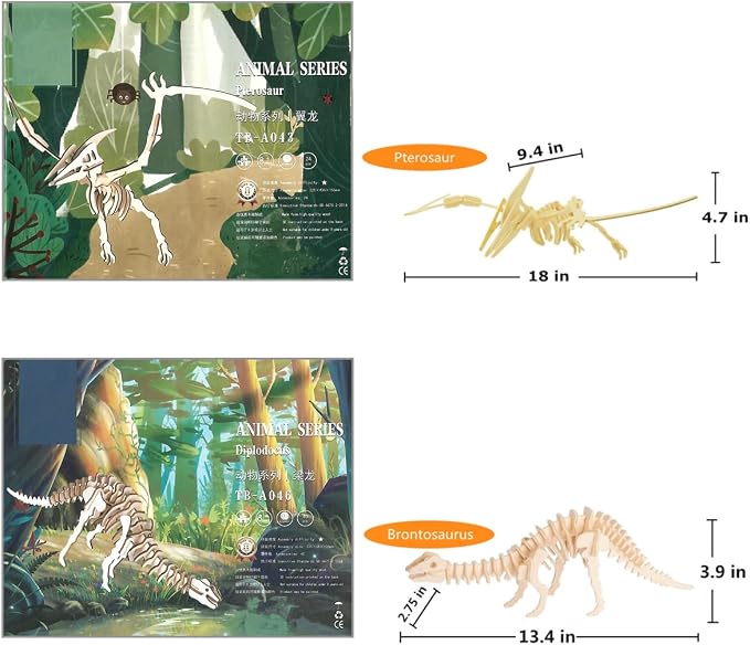 3D Wooden Dinosaur Puzzle - 6 Piece Set Wood Dinosaur Skeleton Model Puzzle - DIY Wooden Crafts 3D Puzzle - STEM Brain Teaser Puzzle Gifts