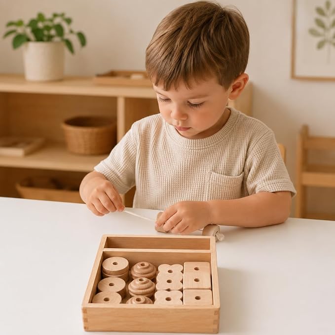 Kiddison Large Wooden Lacing Beads for Toddlers 2-4, Montessori Threading & Stringing Toy with Wooden Tray, Fine Motor Skills Activity, Occupational Therapy Toy, 27 Beads & 1 Lace