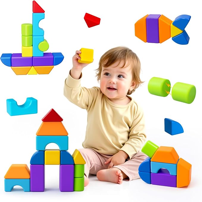 Pairez Toys Magnetic Blocks, Large Building Blocks for Toddlers 1-3 | 14 PCS Blocks, 7 Colors & 8 Shapes, 3D Stacking, Montessori Sensory Magnet Toy, Parent-Child Bonding, Toddler Travel Toys