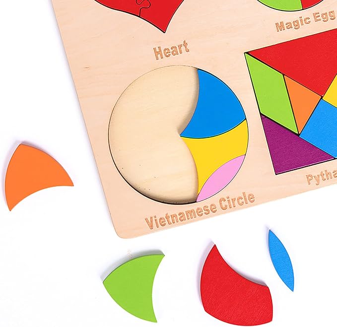 Wooden Blocks Puzzle Brain Teasers Toy 6 IN1Geometric Wooden Tangram Puzzle Game Geometry Jigsaw Logic IQ Games Fidget Toys STEM Montessori Educational Gift for Kids Adults