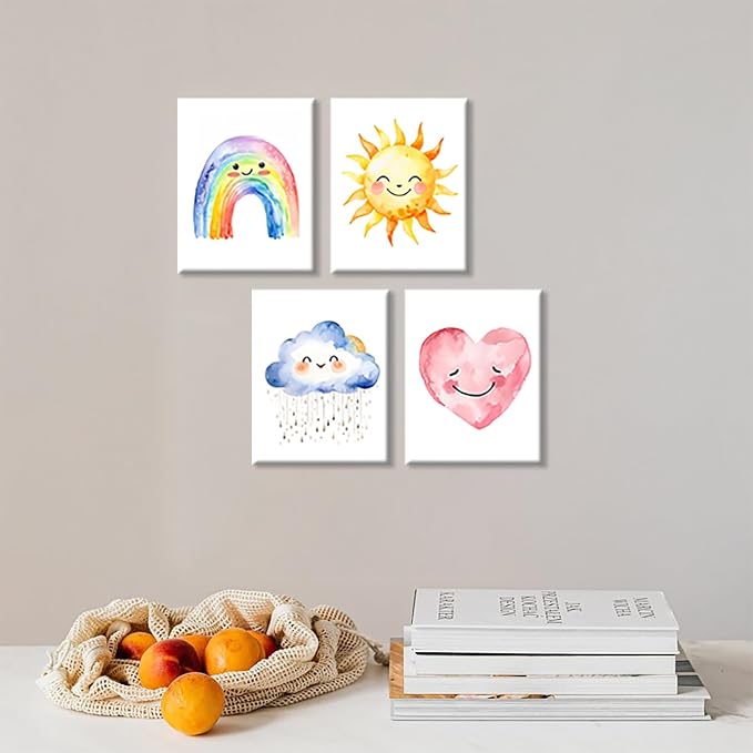 Framed Girls Rainbow Canvas Wall Decor Watercolor Sun Cloud Heart Decor | Kids Sunshine Painting for Classroom Kids Room Baby Room Bedroom Dormitory Decor 8''X10''