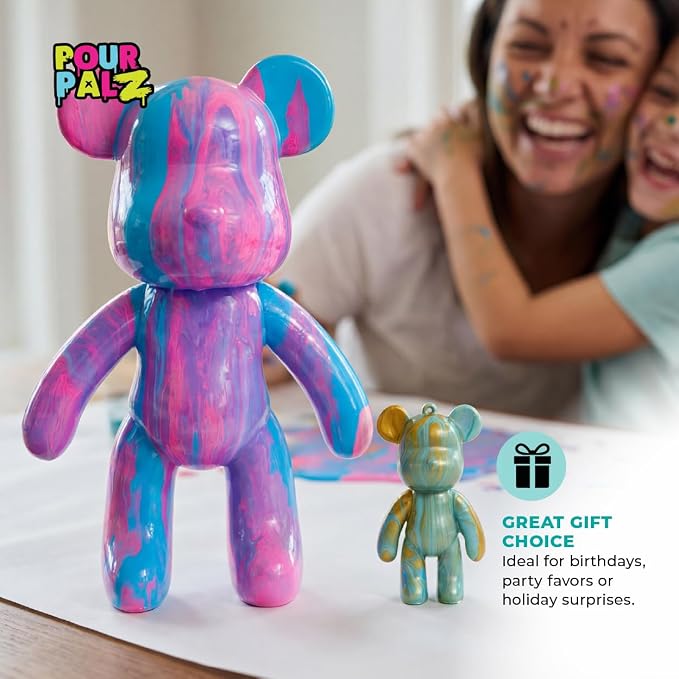 Paint Pour Bear Craft Kit, DIY Paint Pouring Art Set with Large Posable Bear (Berry Blast) & Mini Bear Keyring (Blue), Creative Arts & Crafts Activity for Kids & Adults, Gift Kit, 2 Pcs