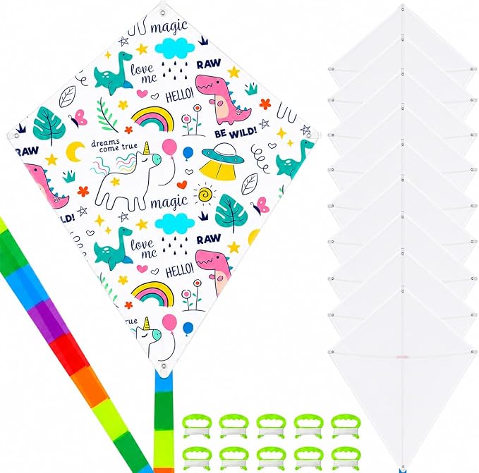 DIY Blank Kites for Kids, Bulk Kites for DIY Decorating Coloring, Kite Making Craft Kit with 10 Hand Grips with 98ft String, Easy to Fly Kite for Kids Aged 4+ Outdoor Activities