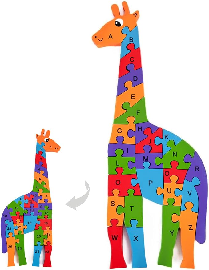 LovesTown Puzzle for Kids, Wooden, 3D Giraffe Shape | for Ages 3-5, Double-Sided, Alphabet Recognition, Number Counting, Homeschool Fun, Quiet Play, Montessori Educational Gifts