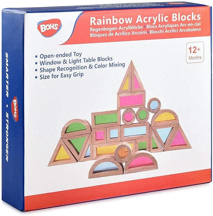 BOHS Translucent Wooden Rainbow Blocks for Kids, 24-Piece Sensory Set | Six shapes in four vivid colors; light-table and sunny-window play; color mixing, motor skills and open-ended creativity