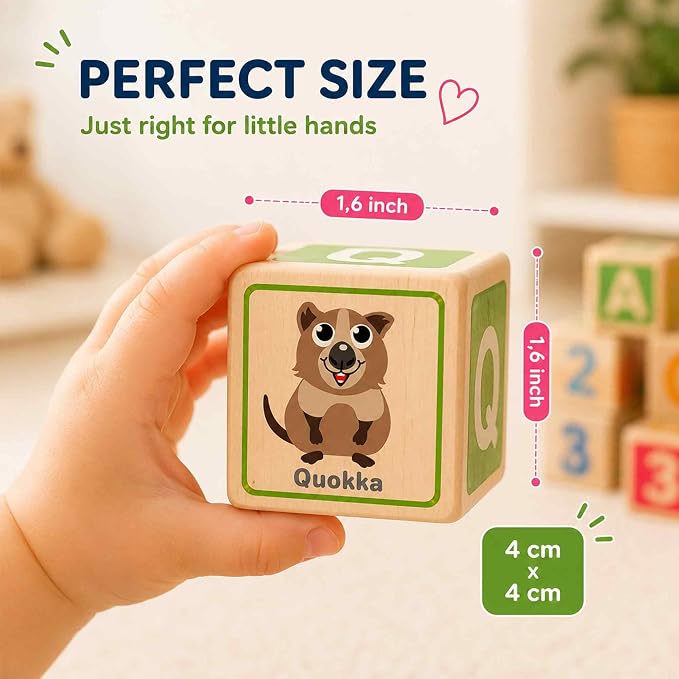 Quokka Wooden Blocks for Toddlers 1-3 - 26 Counting ABC Learning Baby Blocks for Kids 3-5 Year Olds Stacking Alphabet Wood Toys for 2-4 Ages - Developmental Toys with Letters Numbers from 12-18 Month