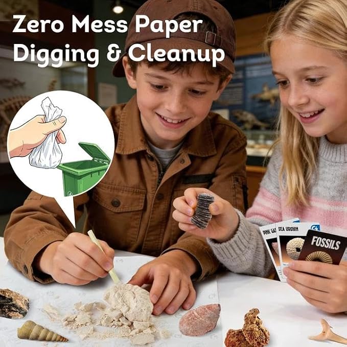 Gamerside Fossil Digging Kit, 12 Real Fossils & Dino Bones & Mess-Free Mat | Includes Learning Guide with Fossils Facts, Excavation Tools, Fun Paleontology Activity, Educational STEM Toys for Kids 6+