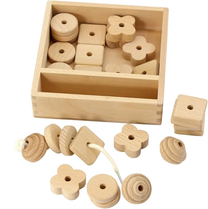 Kiddison Large Wooden Lacing Beads for Toddlers 2-4, Montessori Threading & Stringing Toy with Wooden Tray, Fine Motor Skills Activity, Occupational Therapy Toy, 27 Beads & 1 Lace