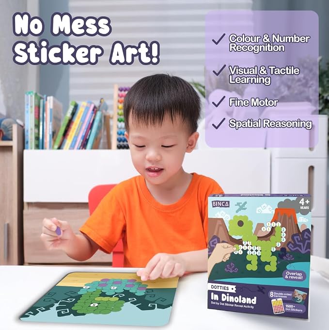 BINCA Dotties Dot Art Activity Kit, 1500+ Stickers, 8 Dinosaurs Mess-Free Activities, DIY Dot Sticker Art, Kids Travel Activities, Gifts for Girls Ages 4,5,6,7