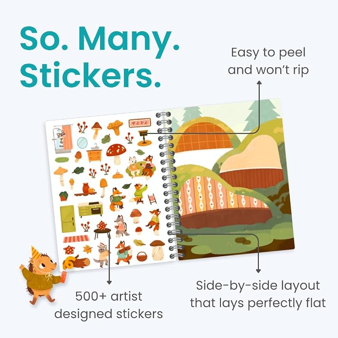 Cupkin Cozy Furry Animal Friends Coloring & Sticker Book | 500+ Stickers | Spiral-bound kids craft format with 12 scenes, 12 art pages, side-by-side viewing, and an easy-peel design for ages 2–8
