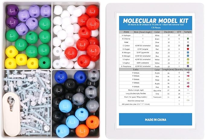 Swpeet 178 Pcs Molecular Model Kit for Inorganic & Organic Molecular Model Teacher and 16 Years and Over Teenages Kit - 69 Atoms & 30 Orbitals & 78 Links & 1 Short Link Remover Tool - Science Toys